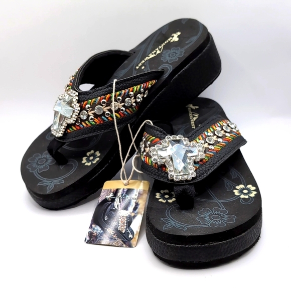 NWT Montana West Black Jeweled Cross Decor Bling Sandals - Size 7 - Picture 5 of 14